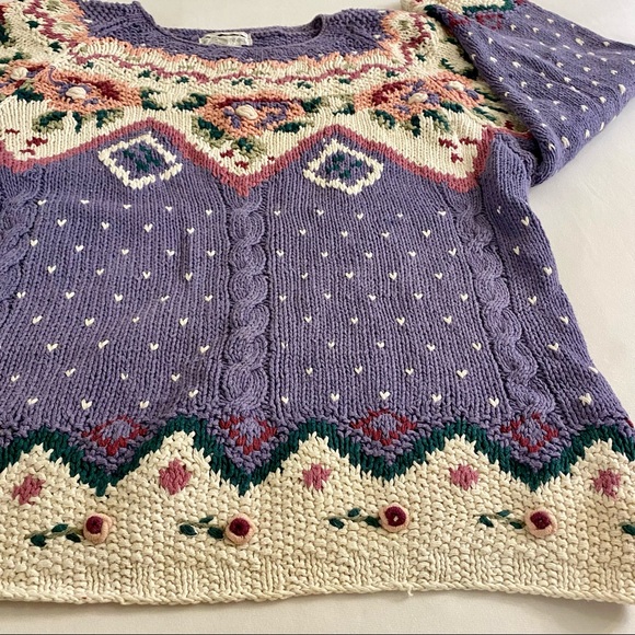 vintage jennifer reed spring floral purple & cream rami/cotton handknit sweater - Picture 3 of 4